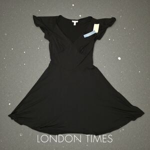 London Times Women's Black 12P Petite Flutter Sleeve Fit Flare Cocktail Party